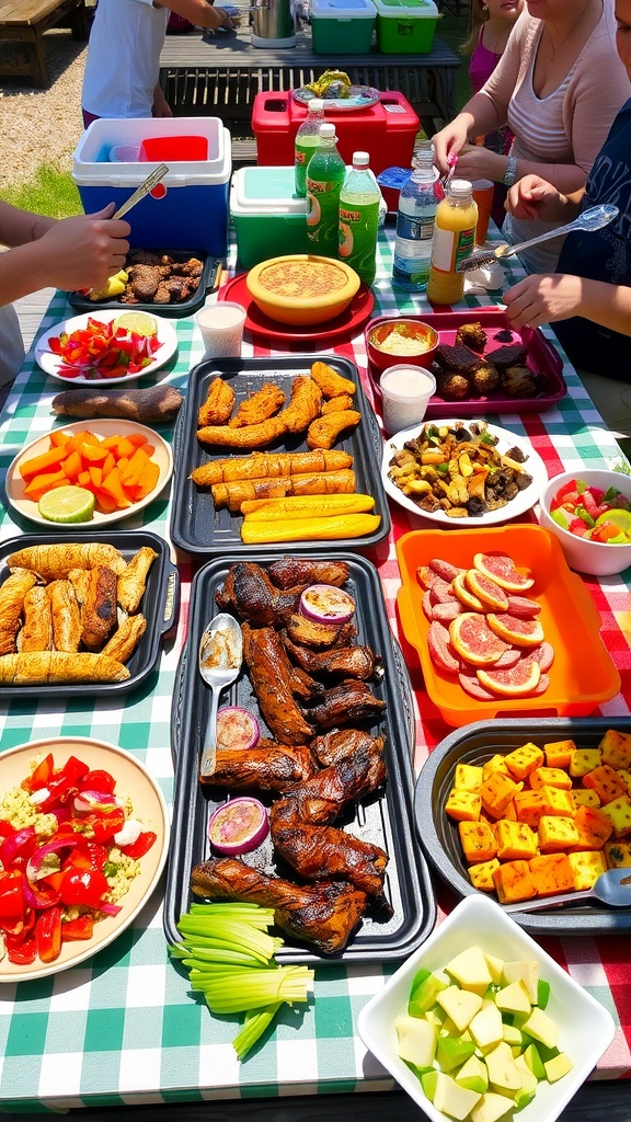 Barbecue feast with grilled meats, vegetables, and salads on a picnic table outdoors.